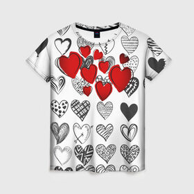 Женская футболка 3D с принтом Сердца в Тюмени, 100% полиэфир ( синтетическое хлопкоподобное полотно) | прямой крой, круглый вырез горловины, длина до линии бедер | 14 февраля | hearts background | валентинов день | влюбленным | девушке | день святого валентина | жене | кардиологу | любимой | любимому | люблю | любовь | мужу | парню | сердца графика | сердца фон