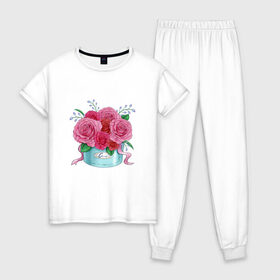 Женская пижама хлопок с принтом Букет Роз в Тюмени, 100% хлопок | брюки и футболка прямого кроя, без карманов, на брюках мягкая резинка на поясе и по низу штанин | красный | розы | тюльпаны | цветы
