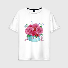 Женская футболка хлопок Oversize с принтом Букет Роз в Тюмени, 100% хлопок | свободный крой, круглый ворот, спущенный рукав, длина до линии бедер
 | красный | розы | тюльпаны | цветы
