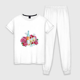 Женская пижама хлопок с принтом Романтический пикник в Тюмени, 100% хлопок | брюки и футболка прямого кроя, без карманов, на брюках мягкая резинка на поясе и по низу штанин | винишко | еда | красный | розы | романтика | тюльпаны | цветы