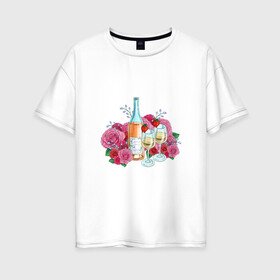 Женская футболка хлопок Oversize с принтом Романтический пикник в Тюмени, 100% хлопок | свободный крой, круглый ворот, спущенный рукав, длина до линии бедер
 | винишко | еда | красный | розы | романтика | тюльпаны | цветы