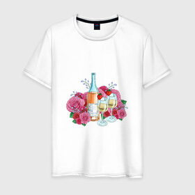 Мужская футболка хлопок с принтом Романтический пикник в Тюмени, 100% хлопок | прямой крой, круглый вырез горловины, длина до линии бедер, слегка спущенное плечо. | винишко | еда | красный | розы | романтика | тюльпаны | цветы