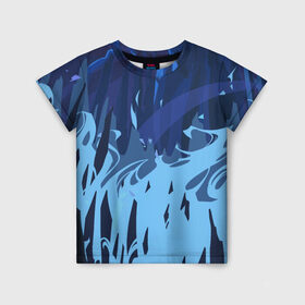 Детская футболка 3D с принтом Синий огонь в Тюмени, 100% гипоаллергенный полиэфир | прямой крой, круглый вырез горловины, длина до линии бедер, чуть спущенное плечо, ткань немного тянется | Тематика изображения на принте: авантюрист | замок | ночь | огонь | пейзаж | синий | скалы | утёсы