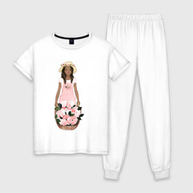 Женская пижама хлопок с принтом Девушка с корзиной тюльпанов в Тюмени, 100% хлопок | брюки и футболка прямого кроя, без карманов, на брюках мягкая резинка на поясе и по низу штанин | 8 марта | dreams | всемирный женский день | цветы