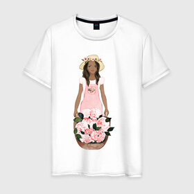 Мужская футболка хлопок с принтом Девушка с корзиной тюльпанов в Тюмени, 100% хлопок | прямой крой, круглый вырез горловины, длина до линии бедер, слегка спущенное плечо. | Тематика изображения на принте: 8 марта | dreams | всемирный женский день | цветы