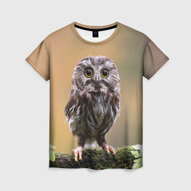 Женская футболка 3D с принтом СОВЕНОК в Тюмени, 100% полиэфир ( синтетическое хлопкоподобное полотно) | прямой крой, круглый вырез горловины, длина до линии бедер | animal | bird | животные | звери | лес | малыш | природа | птенец | птицы | сова | совенок