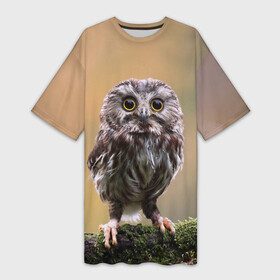 Платье-футболка 3D с принтом СОВЕНОК в Тюмени,  |  | animal | bird | животные | звери | лес | малыш | природа | птенец | птицы | сова | совенок