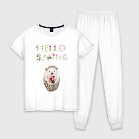 Женская пижама хлопок с принтом Hello Spring! в Тюмени, 100% хлопок | брюки и футболка прямого кроя, без карманов, на брюках мягкая резинка на поясе и по низу штанин | 8 марта | dreams | всемирный женский день | ежик | иголки | цветы