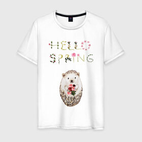 Мужская футболка хлопок с принтом Hello Spring! в Тюмени, 100% хлопок | прямой крой, круглый вырез горловины, длина до линии бедер, слегка спущенное плечо. | Тематика изображения на принте: 8 марта | dreams | всемирный женский день | ежик | иголки | цветы