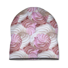 Шапка 3D с принтом Зефир белый и розовый в Тюмени, 100% полиэстер | универсальный размер, печать по всей поверхности изделия | Тематика изображения на принте: валентинов день | влюбленные | зефир | любовь | пирожное | романтика | сладости