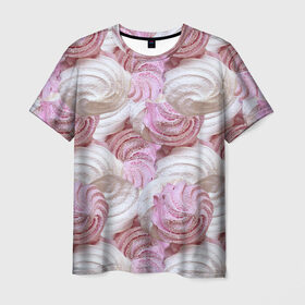 Мужская футболка 3D с принтом Зефир белый и розовый в Тюмени, 100% полиэфир | прямой крой, круглый вырез горловины, длина до линии бедер | Тематика изображения на принте: валентинов день | влюбленные | зефир | любовь | пирожное | романтика | сладости