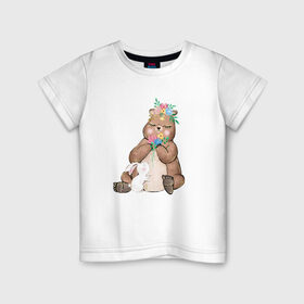 Детская футболка хлопок с принтом Медведица в Тюмени, 100% хлопок | круглый вырез горловины, полуприлегающий силуэт, длина до линии бедер | мама | медвежонок | цветы