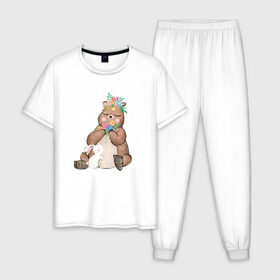 Мужская пижама хлопок с принтом Медведица в Тюмени, 100% хлопок | брюки и футболка прямого кроя, без карманов, на брюках мягкая резинка на поясе и по низу штанин
 | мама | медвежонок | цветы
