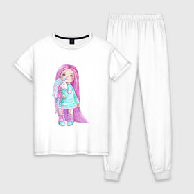 Женская пижама хлопок с принтом Маленькая девочка в Тюмени, 100% хлопок | брюки и футболка прямого кроя, без карманов, на брюках мягкая резинка на поясе и по низу штанин | 8 марта | dreams | всемирный женский день | цветы