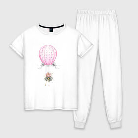 Женская пижама хлопок с принтом Девочка на воздушном шаре в Тюмени, 100% хлопок | брюки и футболка прямого кроя, без карманов, на брюках мягкая резинка на поясе и по низу штанин | 8 марта | dreams | всемирный женский день | цветы