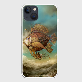 Чехол для iPhone 13 с принтом Рыба дирижабль в Тюмени,  |  | steampunk | биомеханика | воздушный шар | горы | дережабль | дирижабль | карась | коричневый | летательный  аппарат | медь | механика | парусник | пиранья | рыба | рыбка | сепия | стим | стимпанк