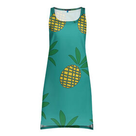 Платье-майка 3D с принтом Ананасы в Тюмени, 100% полиэстер | полуприлегающий силуэт, широкие бретели, круглый вырез горловины, удлиненный подол сзади. | ананас | желтый | зеленый | летний | паттерн | подарок | простой | тропический | узор | фрукт