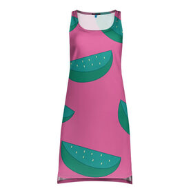 Платье-майка 3D с принтом Арбузы на розовом в Тюмени, 100% полиэстер | полуприлегающий силуэт, широкие бретели, круглый вырез горловины, удлиненный подол сзади. | арбуз | зеленый | летний | паттерн | подарок | простой | розовыйй | тропический | узор | фрукт