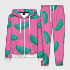 Мужской костюм 3D с принтом Арбузы на розовом в Тюмени, 100% полиэстер | Манжеты и пояс оформлены тканевой резинкой, двухслойный капюшон со шнурком для регулировки, карманы спереди | Тематика изображения на принте: арбуз | зеленый | летний | паттерн | подарок | простой | розовыйй | тропический | узор | фрукт