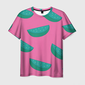 Мужская футболка 3D с принтом Арбузы на розовом в Тюмени, 100% полиэфир | прямой крой, круглый вырез горловины, длина до линии бедер | арбуз | зеленый | летний | паттерн | подарок | простой | розовыйй | тропический | узор | фрукт