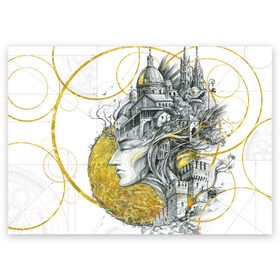 Поздравительная открытка с принтом Мечты города в Тюмени, 100% бумага | плотность бумаги 280 г/м2, матовая, на обратной стороне линовка и место для марки
 | архитектура | голова | город | графика | графит и золото | девушка | дух | европа | золото | италия | красота | круг | круги | мечты | мысли | от руки | портрет | сказка | скетч | схема | тушь | фантастика