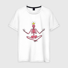 Мужская футболка хлопок с принтом Вечная медитация в Тюмени, 100% хлопок | прямой крой, круглый вырез горловины, длина до линии бедер, слегка спущенное плечо. | корона | кости | медитация | ребра | скелет | череп