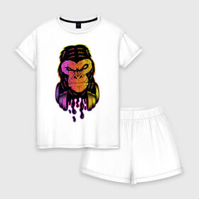 Женская пижама с шортиками хлопок с принтом Горилла с наушниками в Тюмени, 100% хлопок | футболка прямого кроя, шорты свободные с широкой мягкой резинкой | горилла | градиент | животные | злой | музыка | наушники | обезьяна | хипстер