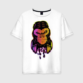 Женская футболка хлопок Oversize с принтом Горилла с наушниками в Тюмени, 100% хлопок | свободный крой, круглый ворот, спущенный рукав, длина до линии бедер
 | горилла | градиент | животные | злой | музыка | наушники | обезьяна | хипстер