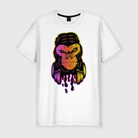 Мужская футболка хлопок Slim с принтом Горилла с наушниками в Тюмени, 92% хлопок, 8% лайкра | приталенный силуэт, круглый вырез ворота, длина до линии бедра, короткий рукав | горилла | градиент | животные | злой | музыка | наушники | обезьяна | хипстер