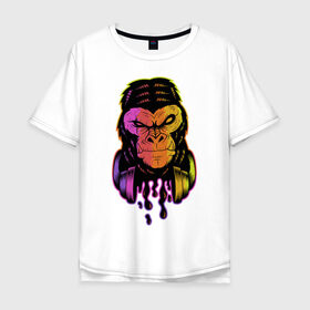 Мужская футболка хлопок Oversize с принтом Горилла с наушниками в Тюмени, 100% хлопок | свободный крой, круглый ворот, “спинка” длиннее передней части | Тематика изображения на принте: горилла | градиент | животные | злой | музыка | наушники | обезьяна | хипстер