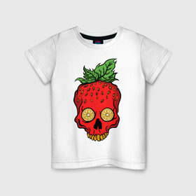 Детская футболка хлопок с принтом Череп клубничка в Тюмени, 100% хлопок | круглый вырез горловины, полуприлегающий силуэт, длина до линии бедер | злой | зубы | клубника | красный | фрукты | хипстер | череп