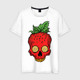 Мужская футболка хлопок с принтом Череп клубничка в Тюмени, 100% хлопок | прямой крой, круглый вырез горловины, длина до линии бедер, слегка спущенное плечо. | злой | зубы | клубника | красный | фрукты | хипстер | череп
