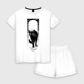 Женская пижама с шортиками хлопок с принтом Цветная луна в Тюмени, 100% хлопок | футболка прямого кроя, шорты свободные с широкой мягкой резинкой | cat | moon | арка | глаза | кот | кошка | луна