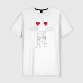 Мужская футболка хлопок Slim с принтом Полет любви в Тюмени, 92% хлопок, 8% лайкра | приталенный силуэт, круглый вырез ворота, длина до линии бедра, короткий рукав | люблю | парные | сердце | шары воздушные
