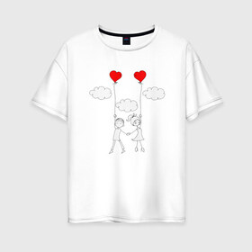 Женская футболка хлопок Oversize с принтом Полет любви в Тюмени, 100% хлопок | свободный крой, круглый ворот, спущенный рукав, длина до линии бедер
 | люблю | парные | сердце | шары воздушные