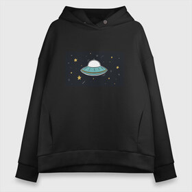 Женское худи Oversize хлопок с принтом UFO в Тюмени, френч-терри — 70% хлопок, 30% полиэстер. Мягкий теплый начес внутри —100% хлопок | боковые карманы, эластичные манжеты и нижняя кромка, капюшон на магнитной кнопке | звезды | космос | летающая тарелка | мерцание | метеориты