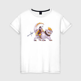 Женская футболка хлопок с принтом Всадник в Тюмени, 100% хлопок | прямой крой, круглый вырез горловины, длина до линии бедер, слегка спущенное плечо | всадник | динозаврик | динопёс | копье | наездник