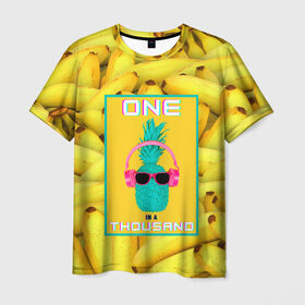 Мужская футболка 3D с принтом Крутой ананас в Тюмени, 100% полиэфир | прямой крой, круглый вырез горловины, длина до линии бедер | 3d | tegunvteg | ананас | бананы | бирюзовый | единственный | желтый | надпись | наушники | один | один на тысячу | одна на тысячу | очки | полная запечатка | розовый | самовыражение