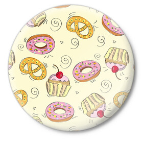 Значок с принтом Узор Сладости в Тюмени,  металл | круглая форма, металлическая застежка в виде булавки | Тематика изображения на принте: детский | диета | желтый | капкейк | крендель | нарисованный | паттерн | пирожок | пончик | розовый | сладости | узор