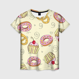 Женская футболка 3D с принтом Узор Сладости в Тюмени, 100% полиэфир ( синтетическое хлопкоподобное полотно) | прямой крой, круглый вырез горловины, длина до линии бедер | детский | диета | желтый | капкейк | крендель | нарисованный | паттерн | пирожок | пончик | розовый | сладости | узор