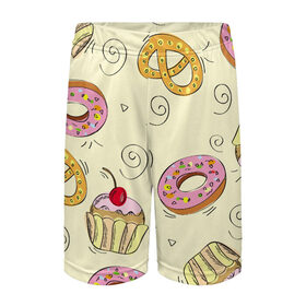 Детские спортивные шорты 3D с принтом Узор Сладости в Тюмени,  100% полиэстер
 | пояс оформлен широкой мягкой резинкой, ткань тянется
 | детский | диета | желтый | капкейк | крендель | нарисованный | паттерн | пирожок | пончик | розовый | сладости | узор