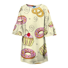 Детское платье 3D с принтом Узор Сладости в Тюмени, 100% полиэстер | прямой силуэт, чуть расширенный к низу. Круглая горловина, на рукавах — воланы | детский | диета | желтый | капкейк | крендель | нарисованный | паттерн | пирожок | пончик | розовый | сладости | узор