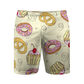 Мужские шорты спортивные с принтом Узор Сладости в Тюмени,  |  | детский | диета | желтый | капкейк | крендель | нарисованный | паттерн | пирожок | пончик | розовый | сладости | узор