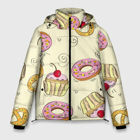 Мужская зимняя куртка 3D с принтом Узор Сладости в Тюмени, верх — 100% полиэстер; подкладка — 100% полиэстер; утеплитель — 100% полиэстер | длина ниже бедра, свободный силуэт Оверсайз. Есть воротник-стойка, отстегивающийся капюшон и ветрозащитная планка. 

Боковые карманы с листочкой на кнопках и внутренний карман на молнии. | детский | диета | желтый | капкейк | крендель | нарисованный | паттерн | пирожок | пончик | розовый | сладости | узор