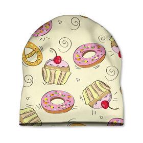 Шапка 3D с принтом Узор Сладости в Тюмени, 100% полиэстер | универсальный размер, печать по всей поверхности изделия | детский | диета | желтый | капкейк | крендель | нарисованный | паттерн | пирожок | пончик | розовый | сладости | узор