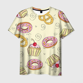 Мужская футболка 3D с принтом Узор Сладости в Тюмени, 100% полиэфир | прямой крой, круглый вырез горловины, длина до линии бедер | Тематика изображения на принте: детский | диета | желтый | капкейк | крендель | нарисованный | паттерн | пирожок | пончик | розовый | сладости | узор