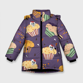 Зимняя куртка для девочек 3D с принтом Узор на Хэллоуин в Тюмени, ткань верха — 100% полиэстер; подклад — 100% полиэстер, утеплитель — 100% полиэстер. | длина ниже бедра, удлиненная спинка, воротник стойка и отстегивающийся капюшон. Есть боковые карманы с листочкой на кнопках, утяжки по низу изделия и внутренний карман на молнии. 

Предусмотрены светоотражающий принт на спинке, радужный светоотражающий элемент на пуллере молнии и на резинке для утяжки. | капкейки | кондитер | летучая мышь | подарок | праздничный | сладости | узор | фиолетовый | хеллоуин | хэллоуин | череп