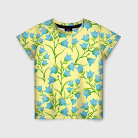Детская футболка 3D с принтом Колокольчики на желтом фоне в Тюмени, 100% гипоаллергенный полиэфир | прямой крой, круглый вырез горловины, длина до линии бедер, чуть спущенное плечо, ткань немного тянется | Тематика изображения на принте: 8 марта | flowers | summer | ботаническая иллюстрация | весна | желтый | зеленый | колокольчики | лето | любовь | праздник | принт | природа | растения | цветы