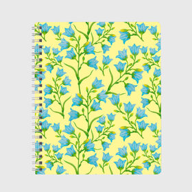 Тетрадь с принтом Колокольчики на желтом фоне в Тюмени, 100% бумага | 48 листов, плотность листов — 60 г/м2, плотность картонной обложки — 250 г/м2. Листы скреплены сбоку удобной пружинной спиралью. Уголки страниц и обложки скругленные. Цвет линий — светло-серый
 | 8 марта | flowers | summer | ботаническая иллюстрация | весна | желтый | зеленый | колокольчики | лето | любовь | праздник | принт | природа | растения | цветы