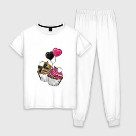 Женская пижама хлопок с принтом Кексики в Тюмени, 100% хлопок | брюки и футболка прямого кроя, без карманов, на брюках мягкая резинка на поясе и по низу штанин | сладости | шары